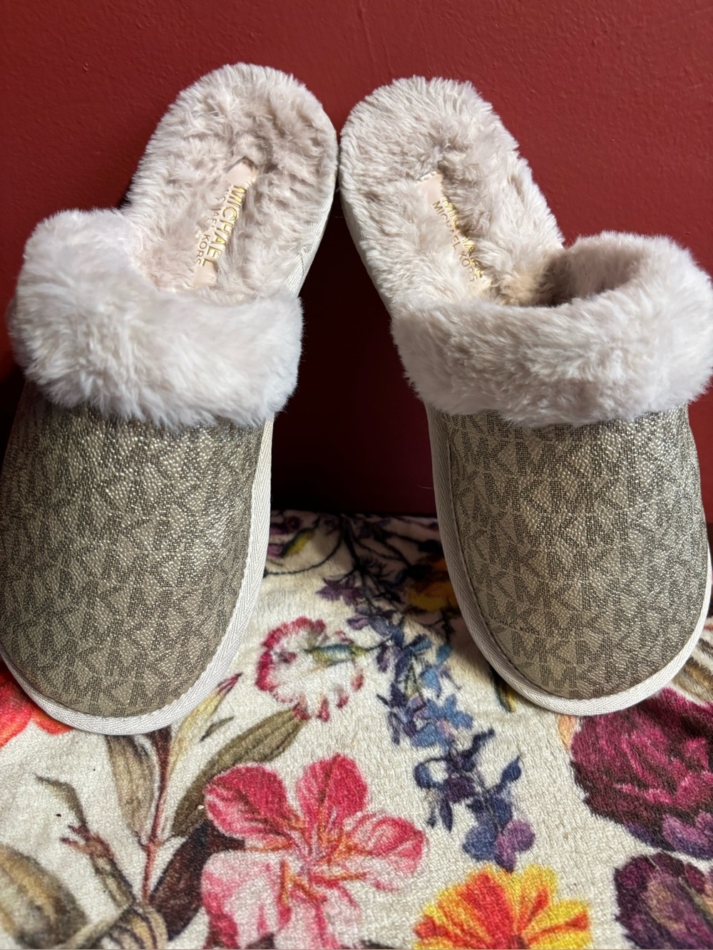 MICHAEL Michael Kors Beige and cream Faux-Fur Slide Slippers with MK Jacquard